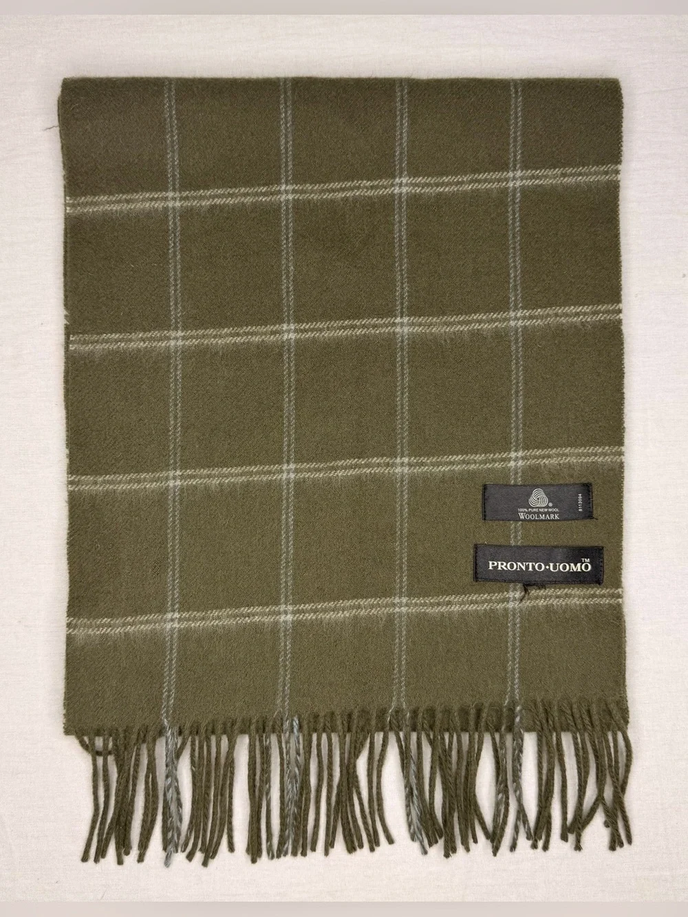 Pronto Uomo 100 Pure New Wool Scarf Olive Green Windowpane Fringe Woolmark